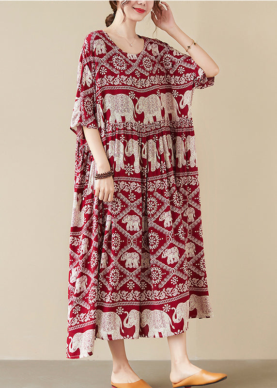 Elephant Print Round Neck Three Quarter Sleeve High Low Oversized Maxi Dress