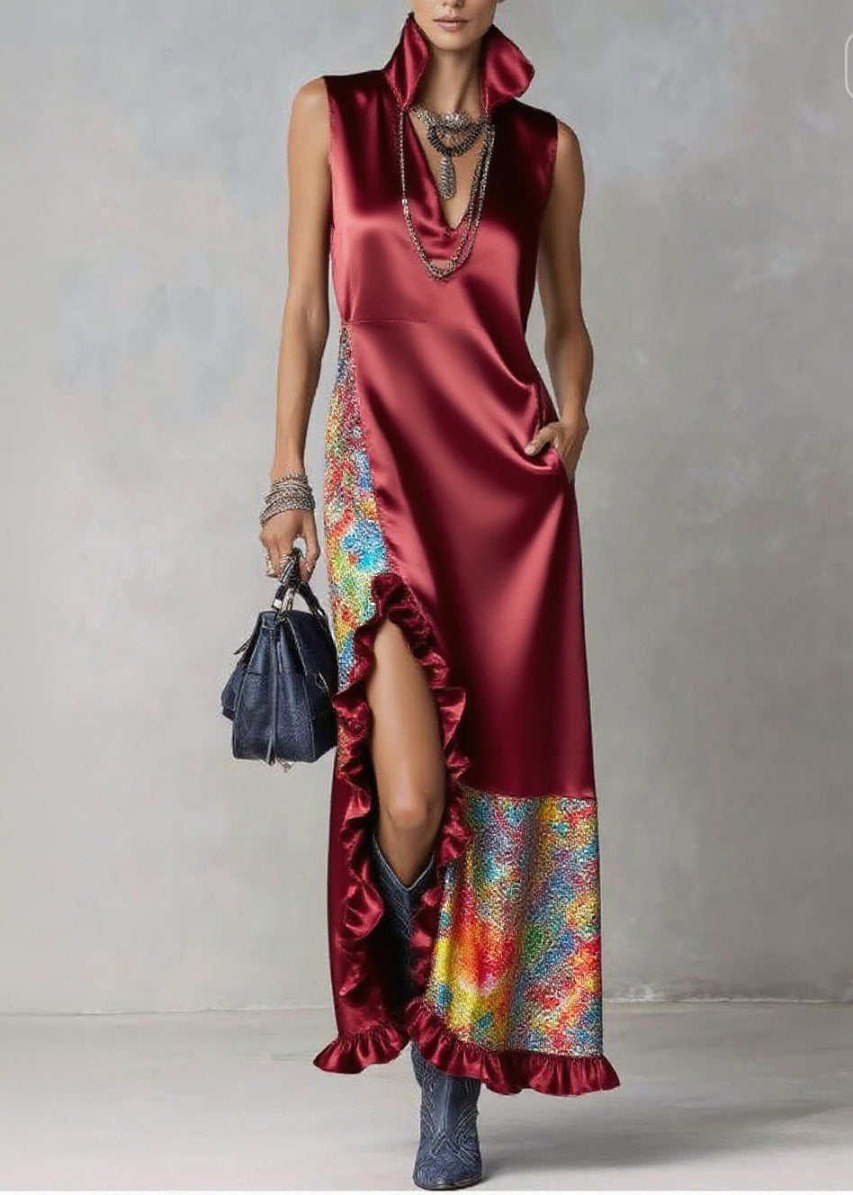 High Collar Deep V-Neck Ruffle Slit Sequin Panel Maxi Dress