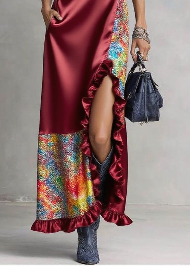 High Collar Deep V-Neck Ruffle Slit Sequin Panel Maxi Dress