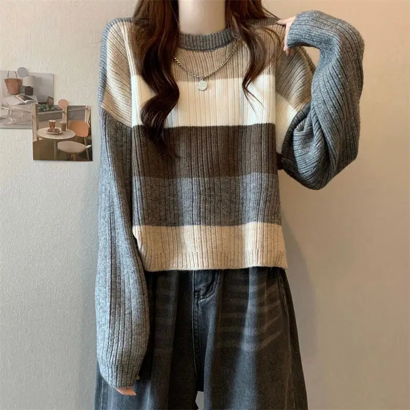 Color Block Striped Ribbed Knit Crew Neck Drop Shoulder Sweater 5