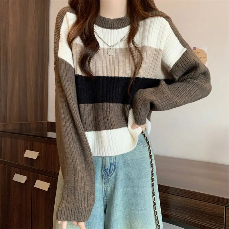 Color Block Striped Ribbed Knit Crew Neck Drop Shoulder Sweater 4