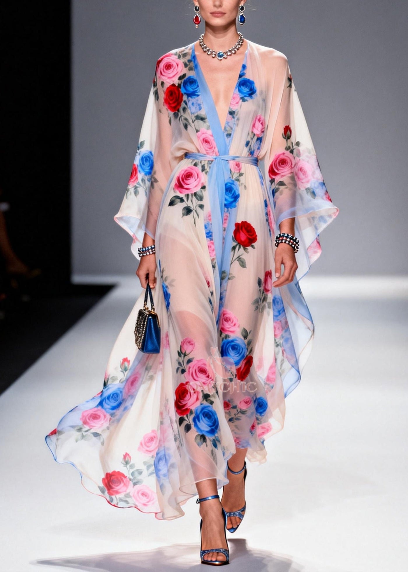 Multicolored Floral Print Chiffon Maxi Dress Tie Waist Summer 3