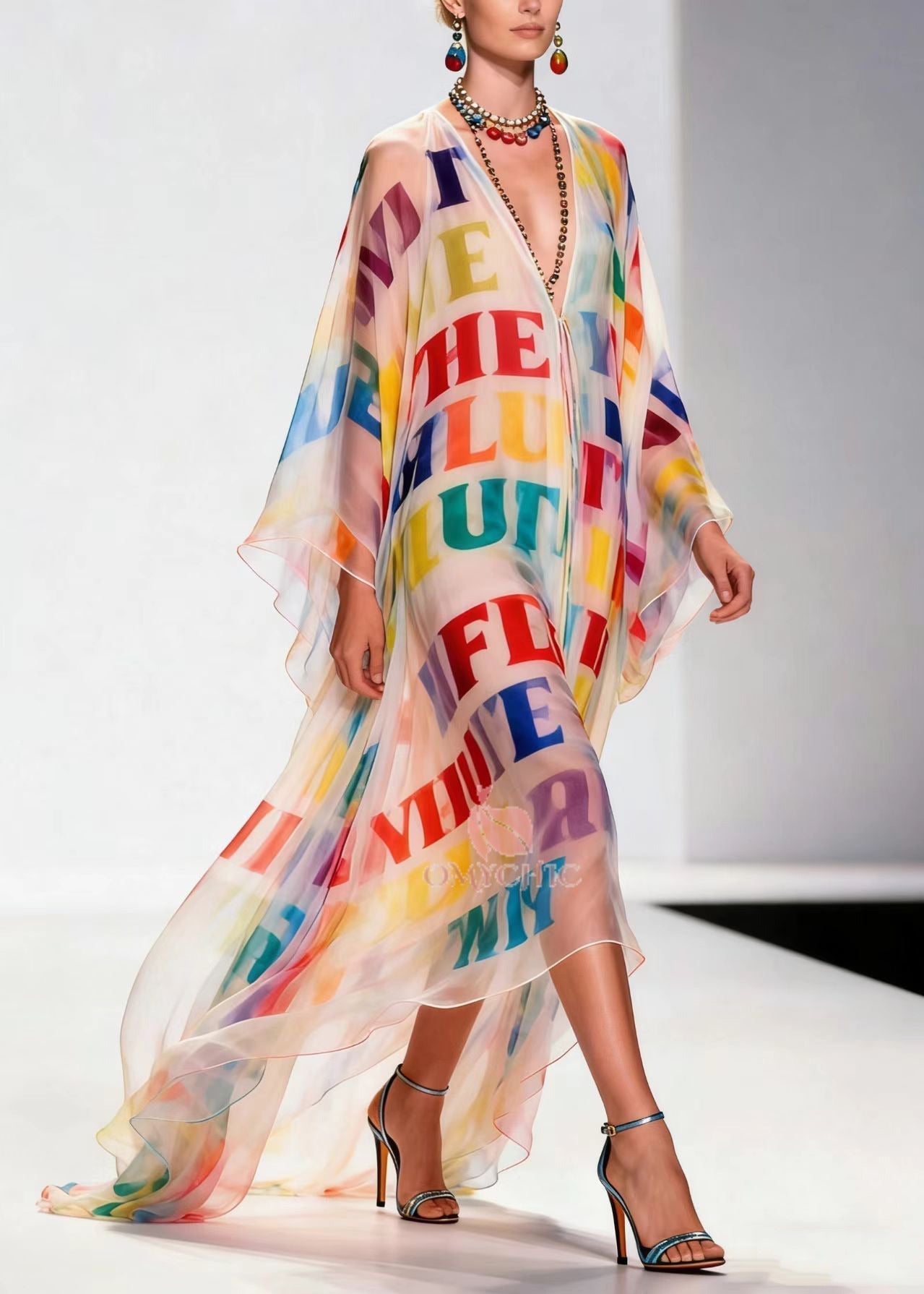 Alphabet Letter Print Deep V-Neck Batwing Sleeve Sheer Chiffon Maxi Gown