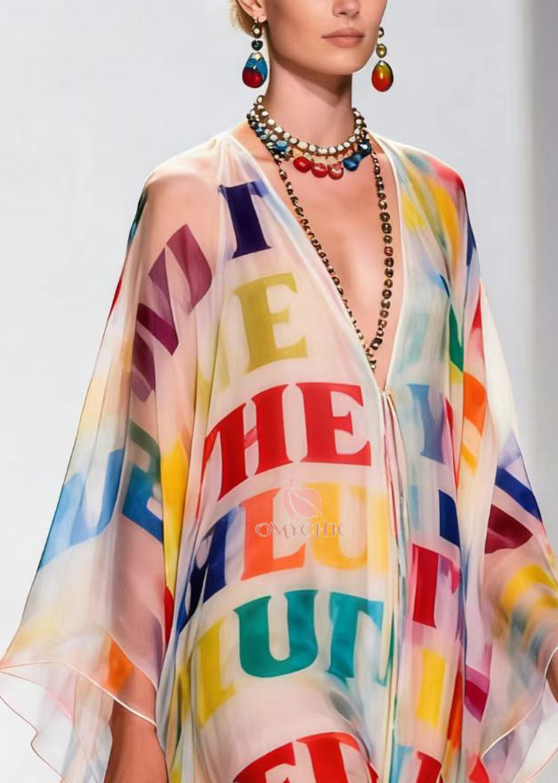 Alphabet Letter Print Deep V-Neck Batwing Sleeve Sheer Chiffon Maxi Gown