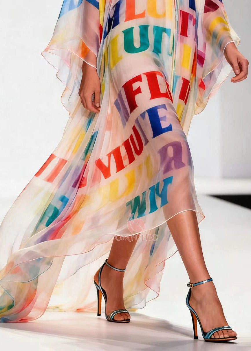 Alphabet Letter Print Deep V-Neck Batwing Sleeve Sheer Chiffon Maxi Gown