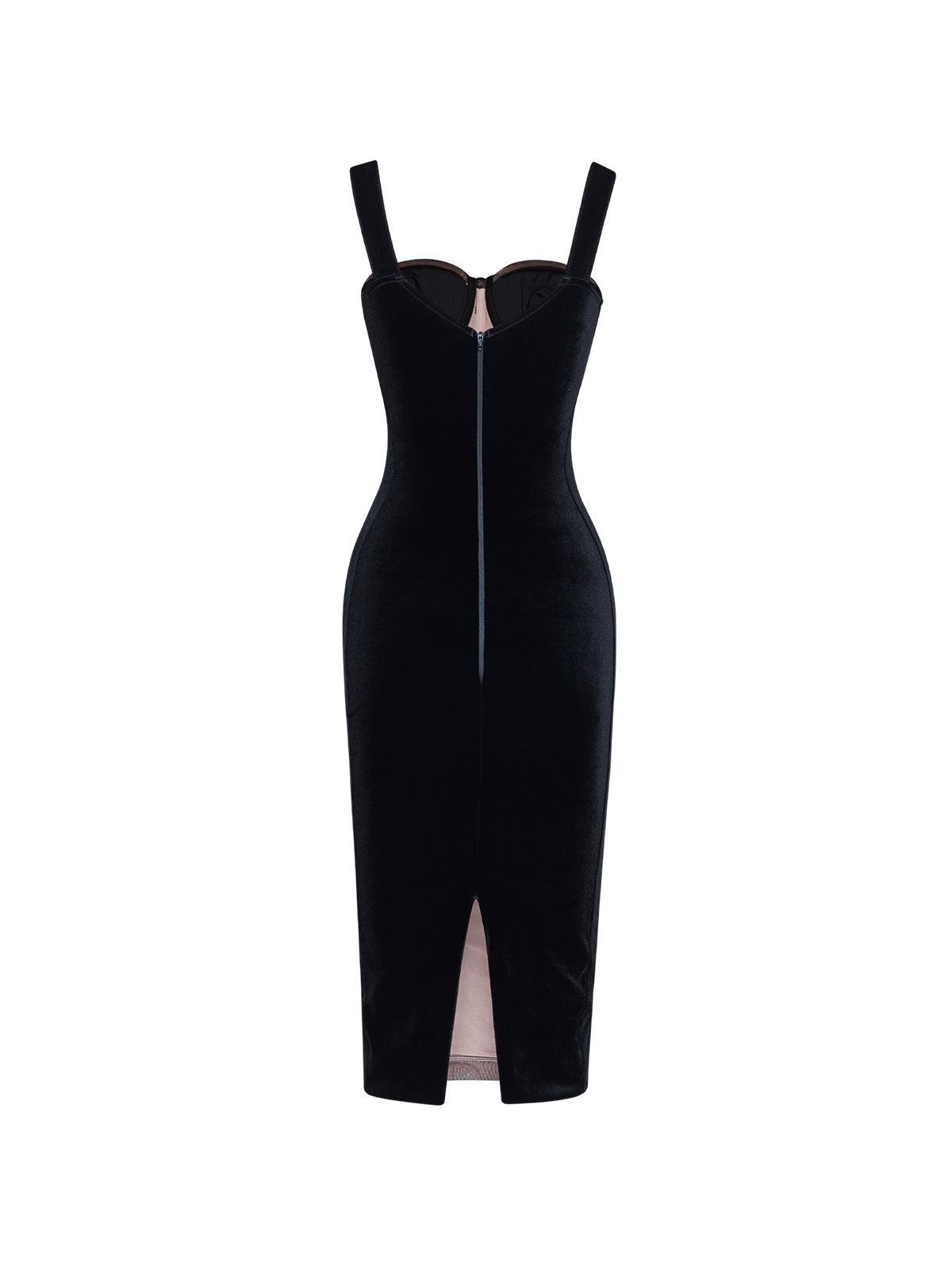 Muriel Mesh Ruched Velvet Midi Dress In Black 7
