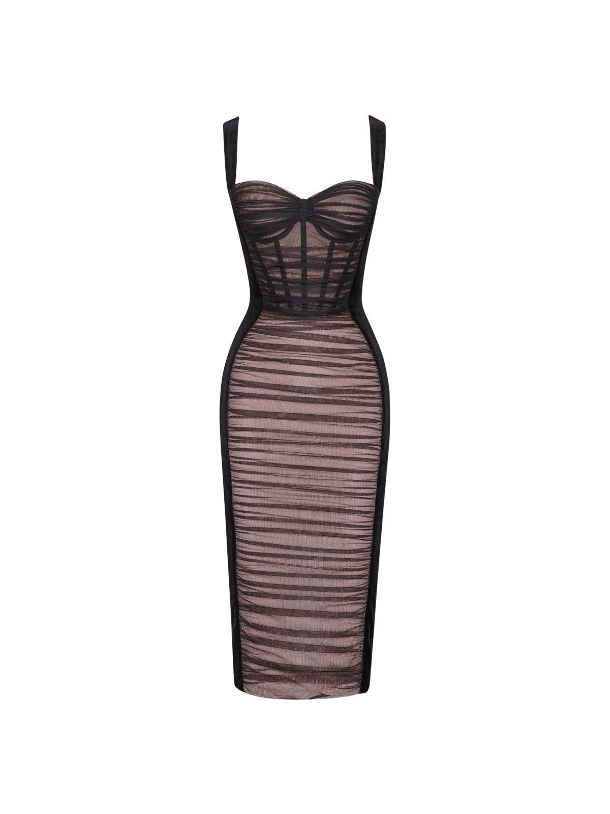 Muriel Mesh Ruched Velvet Midi Dress In Black 6