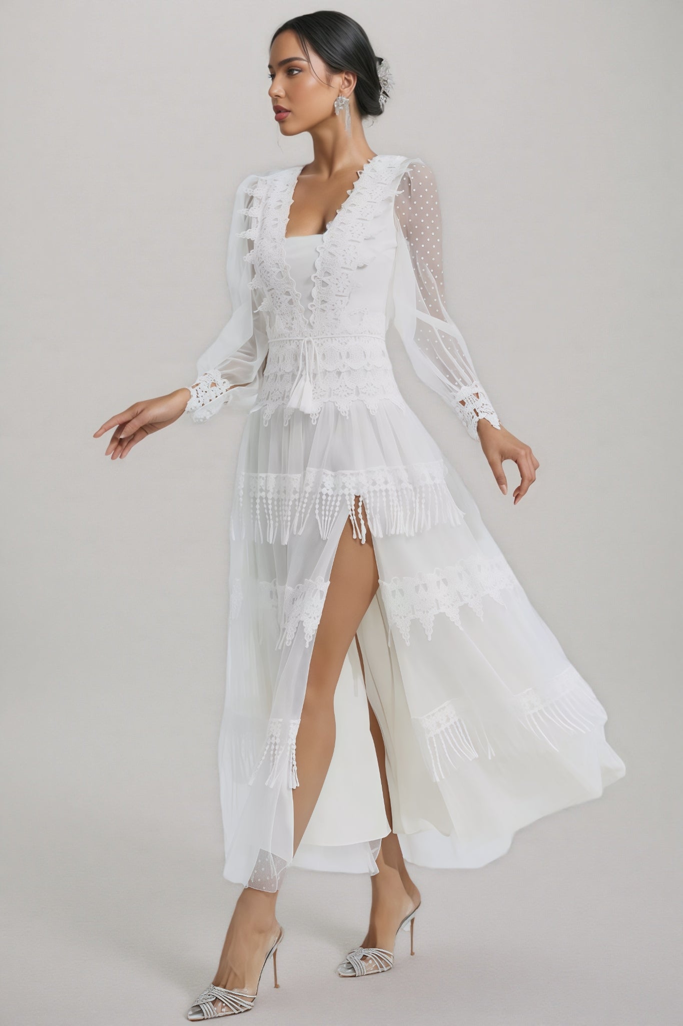 Torind White Lace Mesh Maxi Dress - View 2