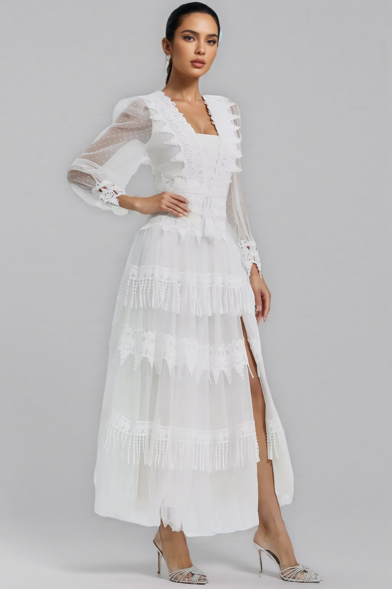 Torind White Lace Mesh Maxi Dress - View 6