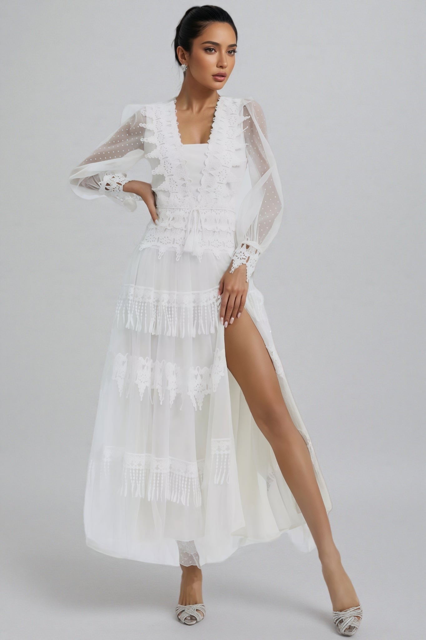Torind White Lace Mesh Maxi Dress - View 3