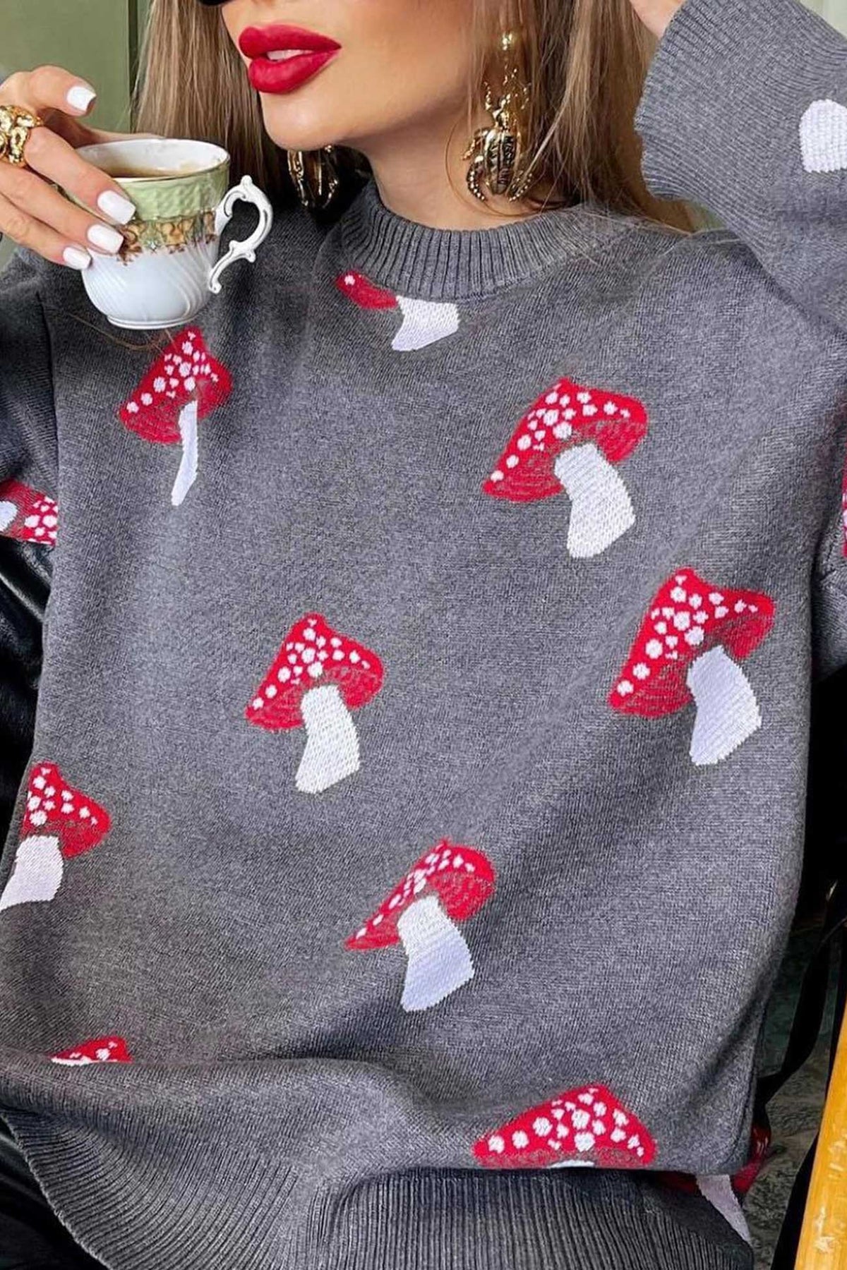 Mushroom Pattern Crew Neck Long Sleeve Knit Pullover Sweater