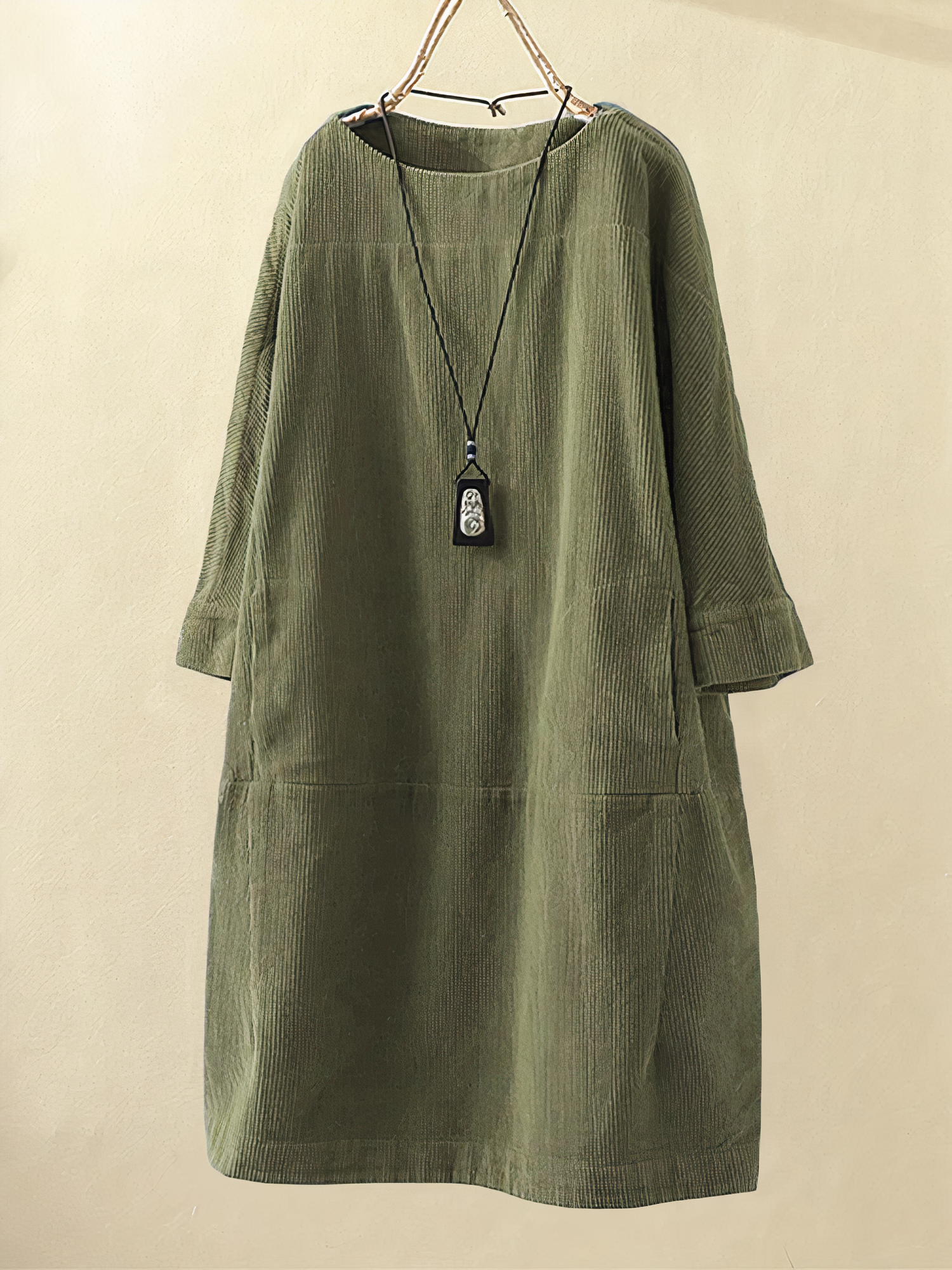 Corduroy Crew Neck Long Sleeve Drop Waist Paneled Shift Midi Dress
