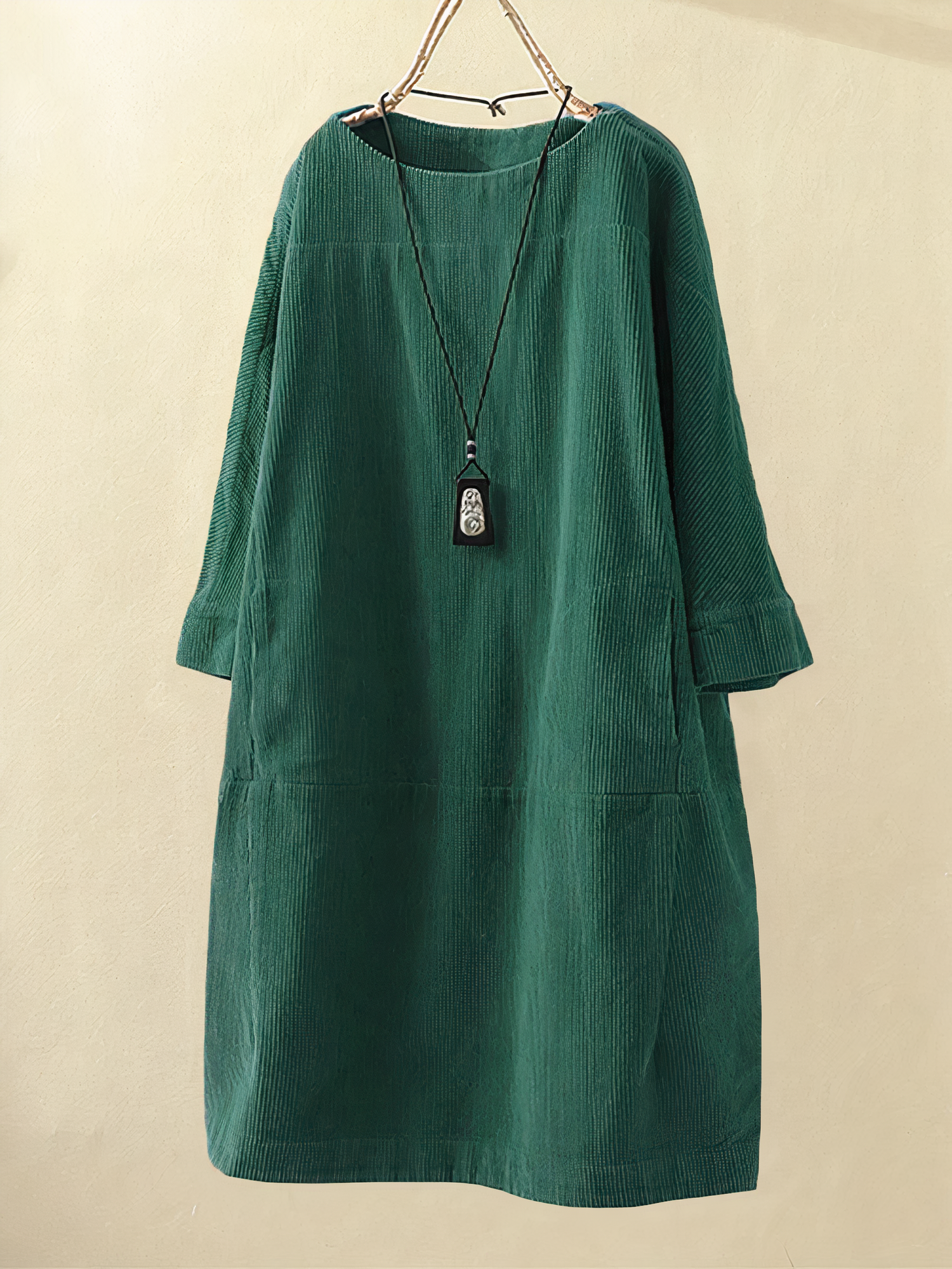 Corduroy Crew Neck Long Sleeve Drop Waist Paneled Shift Midi Dress