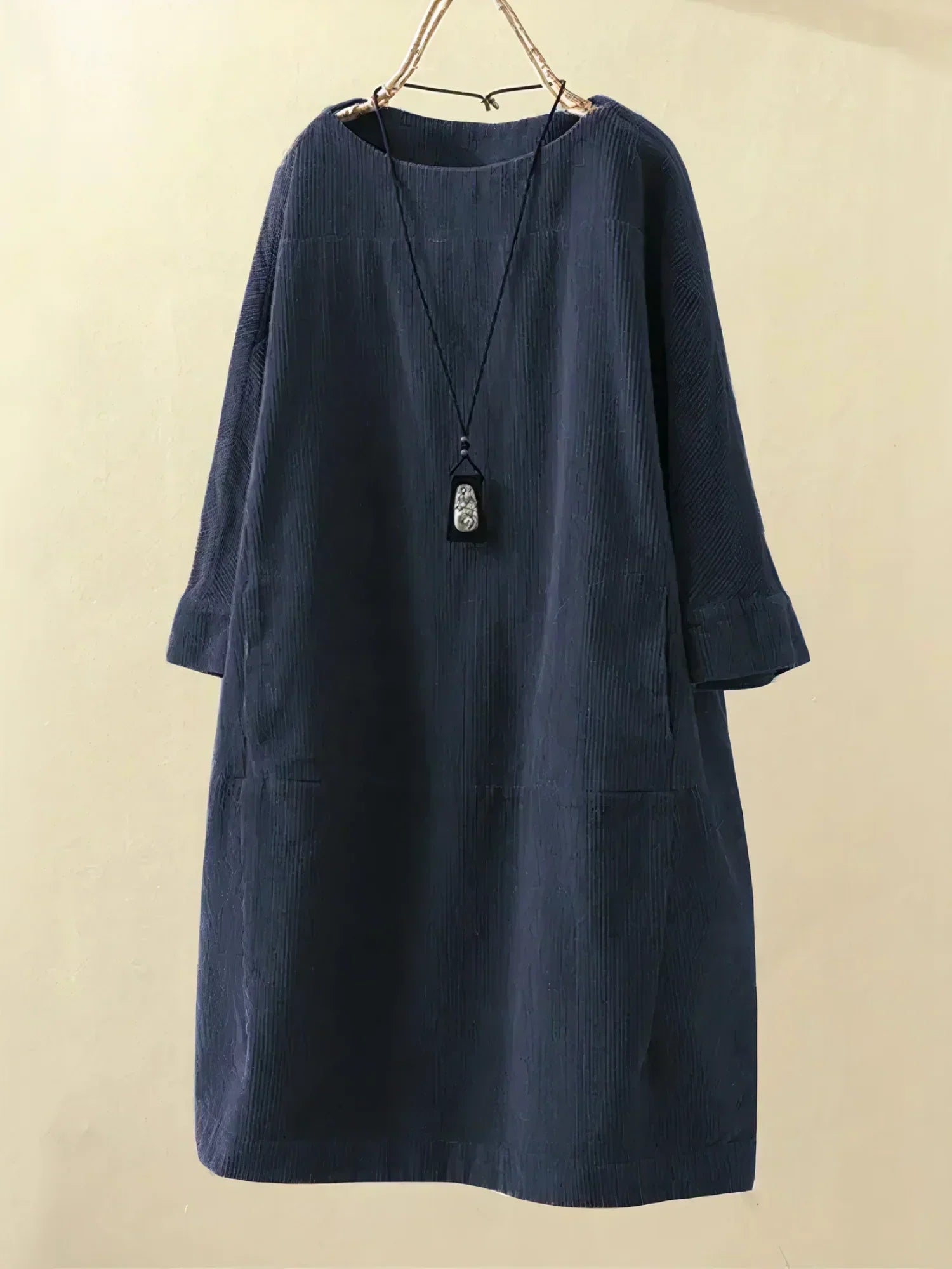 Corduroy Crew Neck Long Sleeve Drop Waist Paneled Shift Midi Dress