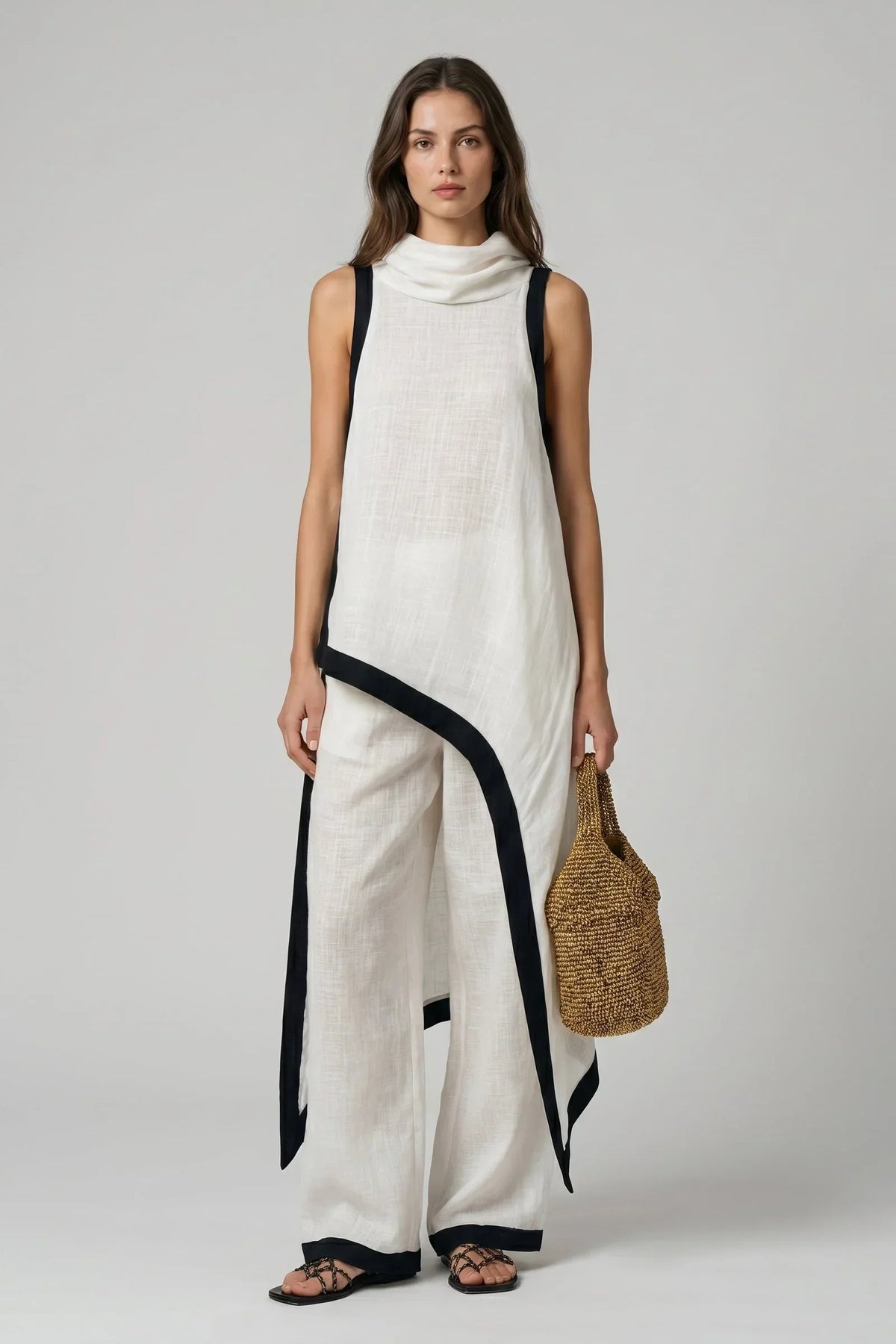 Cowl Neck Asymmetric Top and Wide Leg Pants Two Piece Set