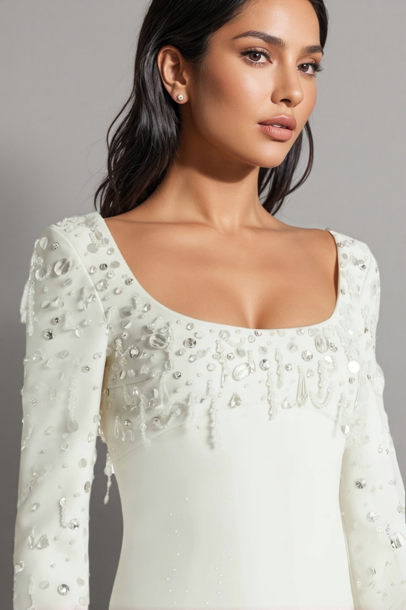 Scoop Neck Long Sleeve Rhinestone Embellished Bodice Mini Dress
