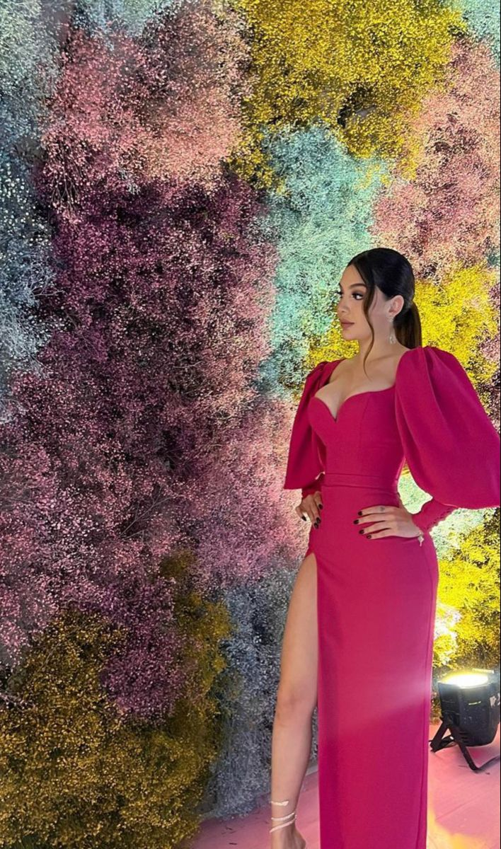 Simple Satin V-Neck Long Sleeves Side Slit Sheath Long Prom Dresses cc750