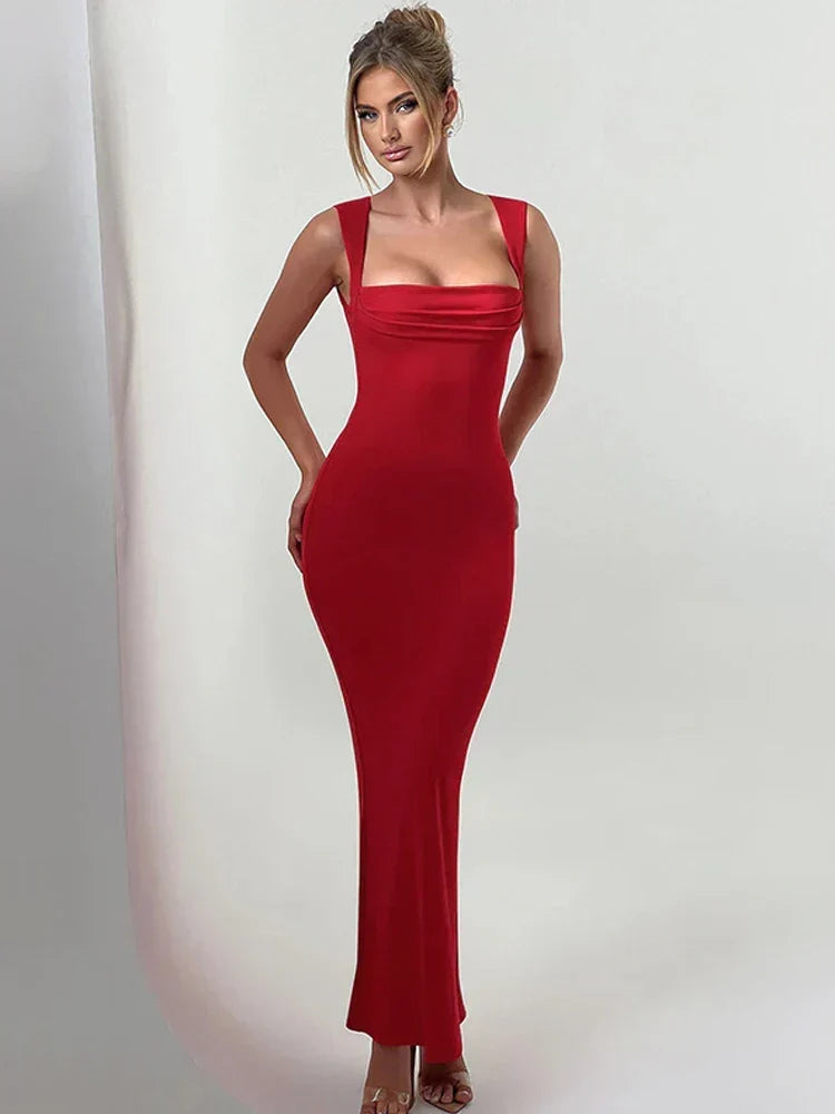 Square Neck Draped Bust Wide Strap Bodycon Maxi Dress