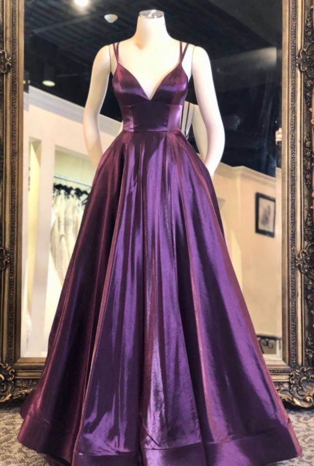 Purple A-line V Neck Satin Long Prom Dress Evening Dress cc1037