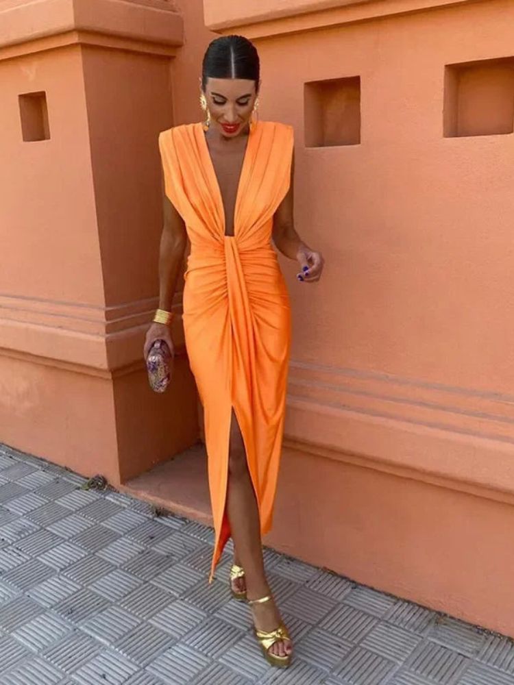 Deep V-Neck Sleeveless Ruched Waist Knot High Split Maxi Gown