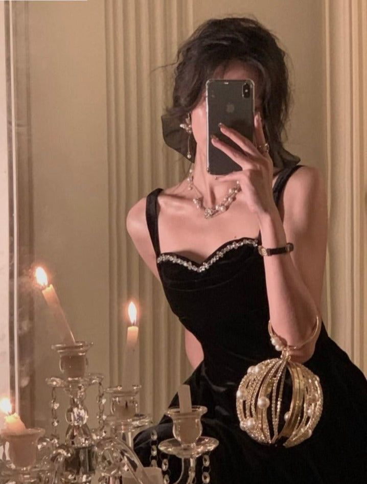 Vintage Black Velvet A Line Party Dress Long Elegant Evening Gown Prom Dress cc1865