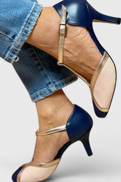 Round Toe T-Strap Contrast Cap Toe Stiletto Pumps