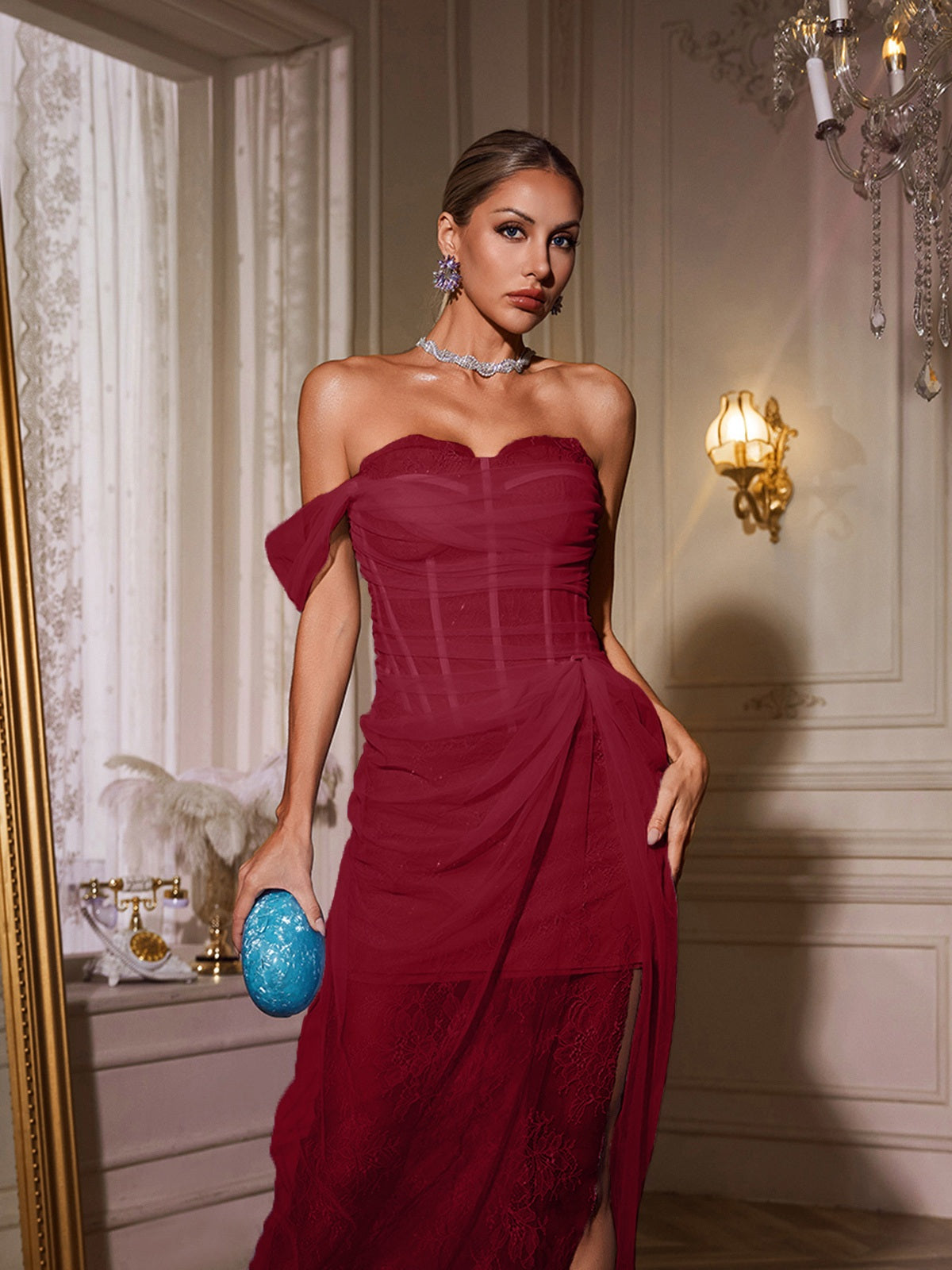 One Shoulder Lace Split Midi Dress In Wine - View 4