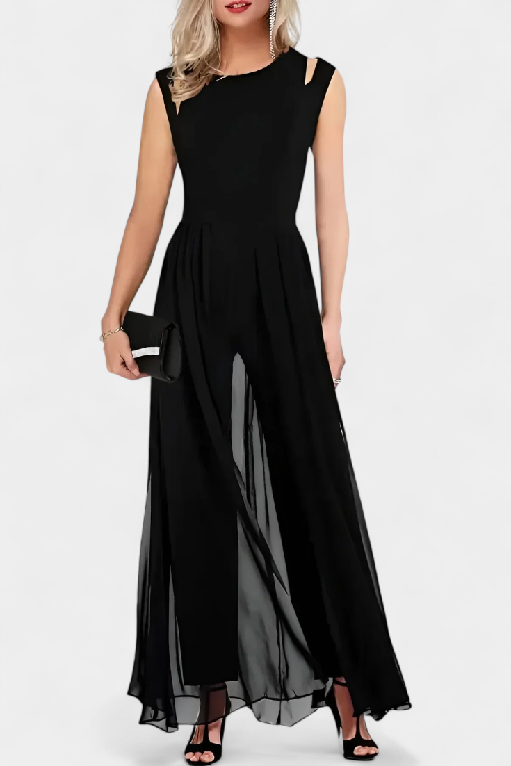 Cut Out Shoulder Sleeveless Chiffon Overlay Wide Leg Jumpsuit