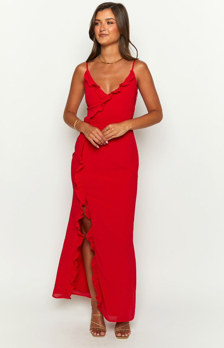 Ruffle Trim V-Neck Cami Strap High Split Maxi Dress 3
