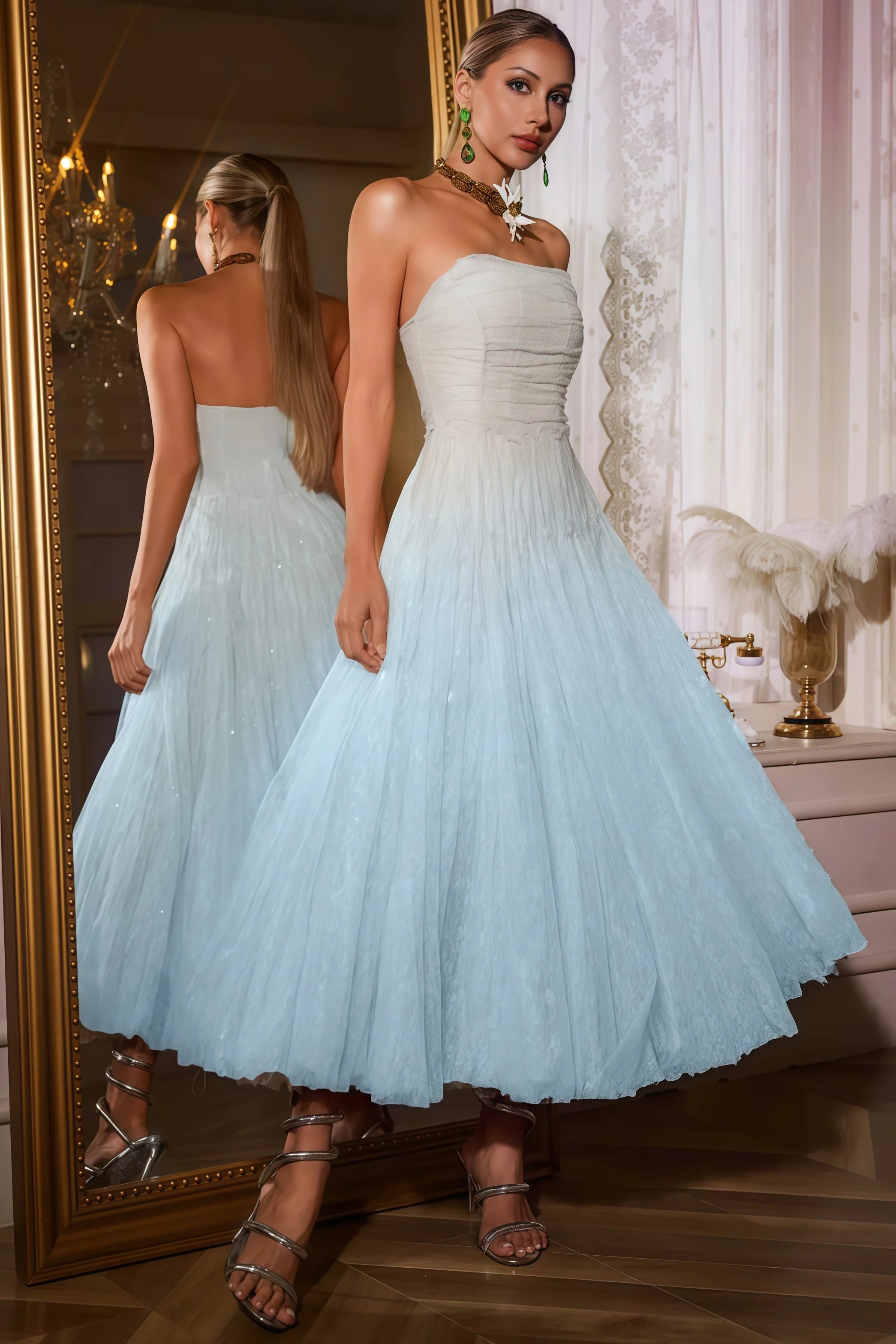 Sorirt Blue Strapless Ruched Mesh Midi Dress - View 3