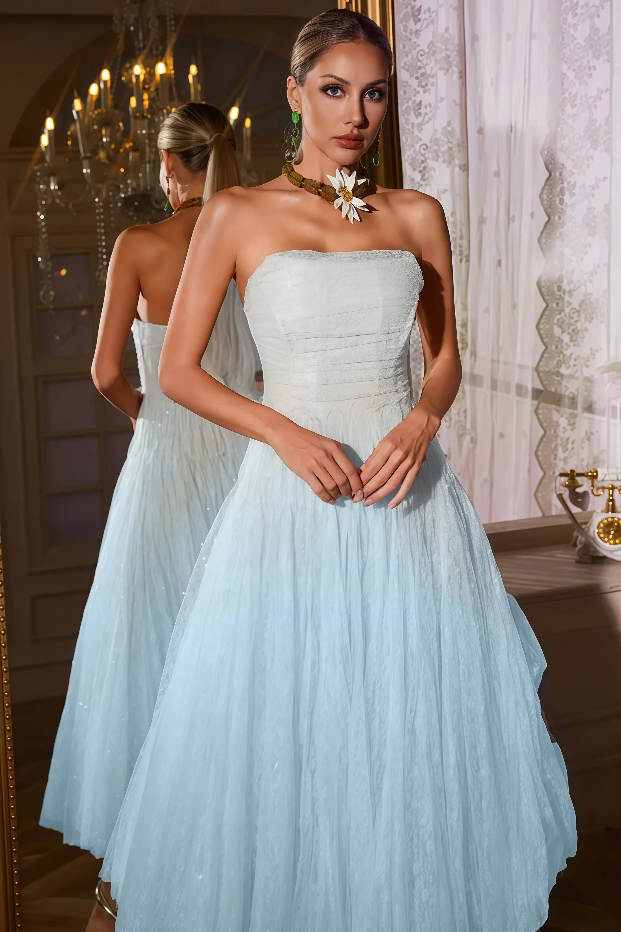 Sorirt Blue Strapless Ruched Mesh Midi Dress - View 6