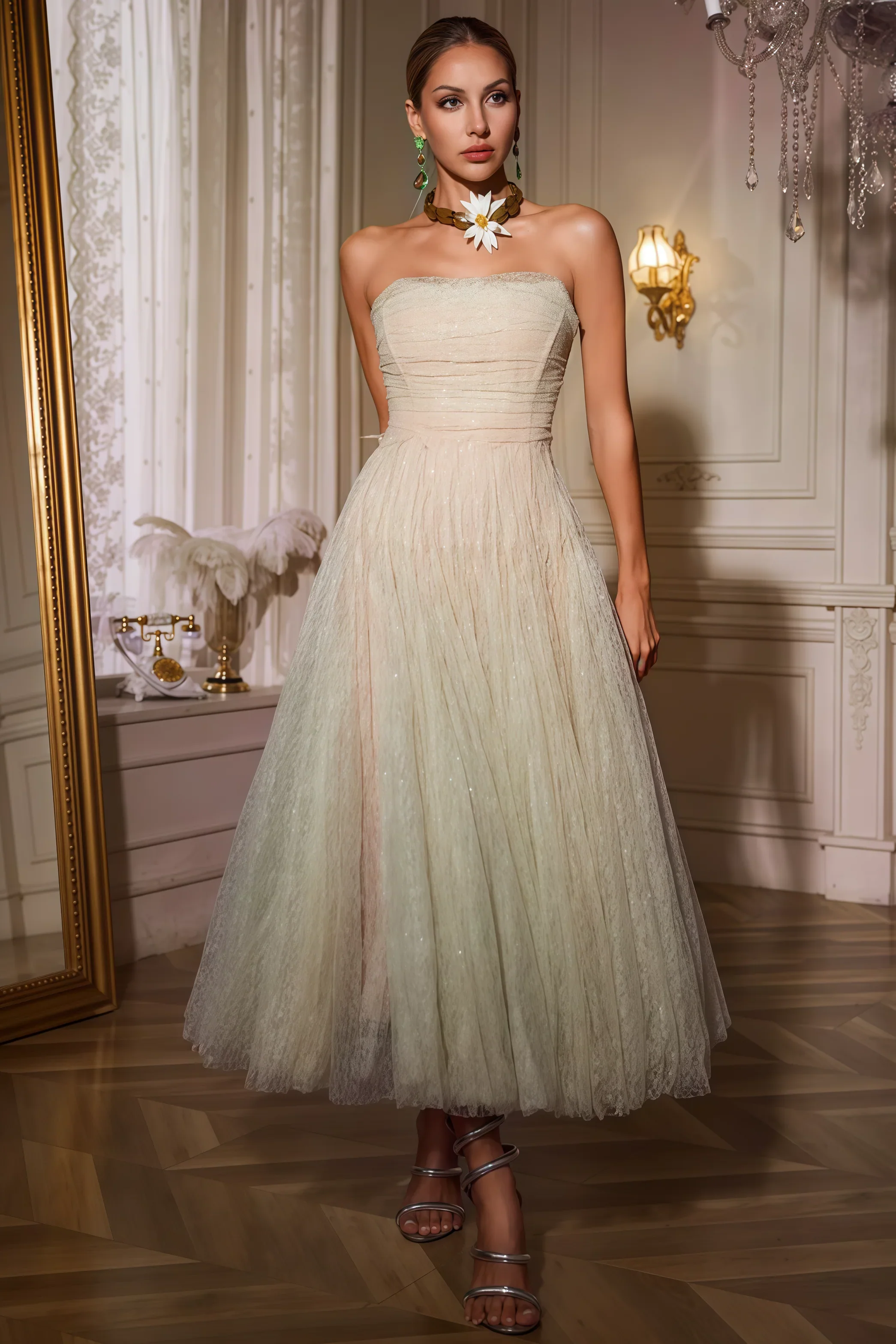 Rivend Green Strapless Ruched Mesh Midi Dress - View 2
