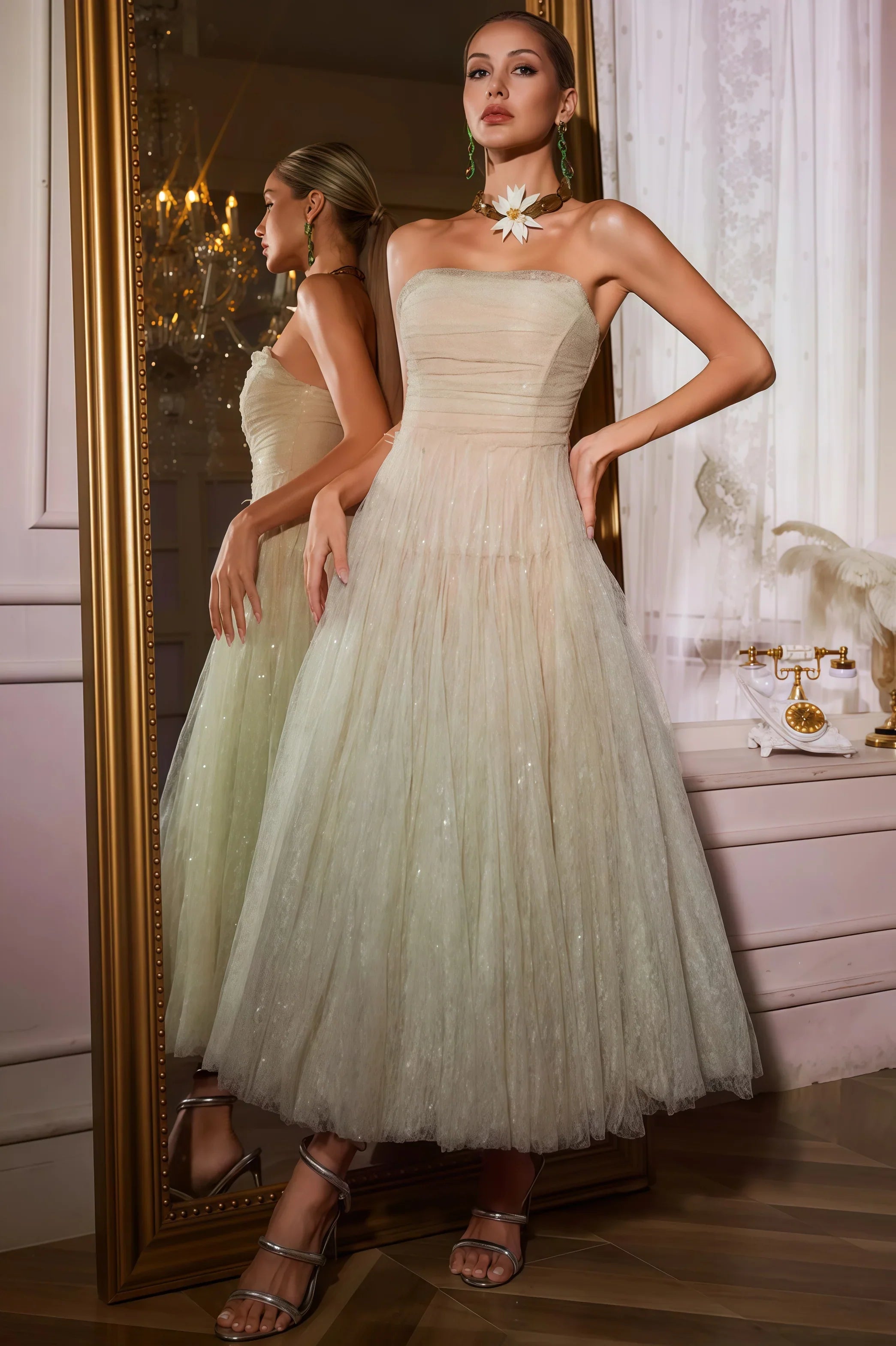 Rivend Green Strapless Ruched Mesh Midi Dress - View 3