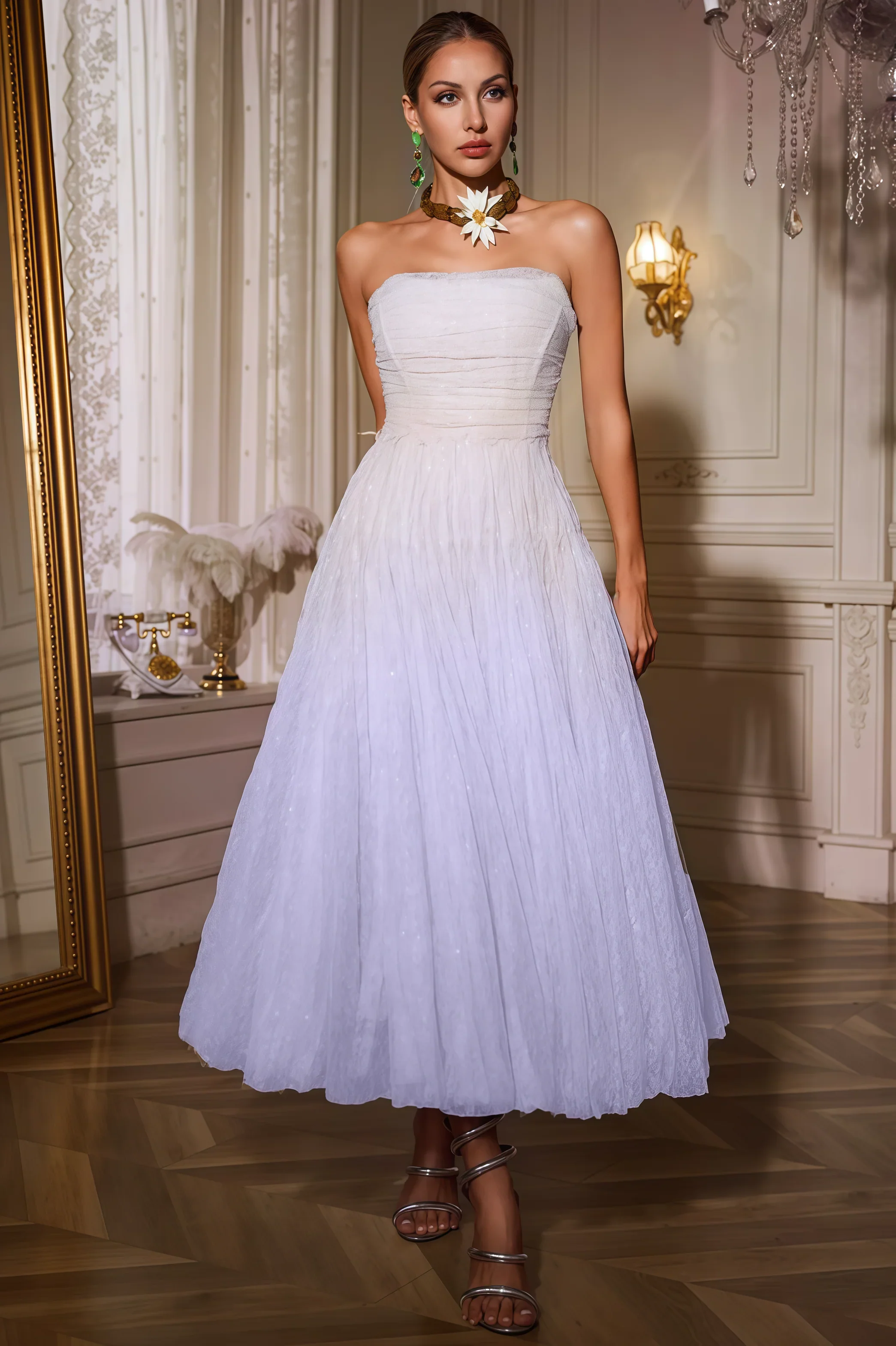Perikt Purple Strapless Ruched Mesh Midi Dress - View 2