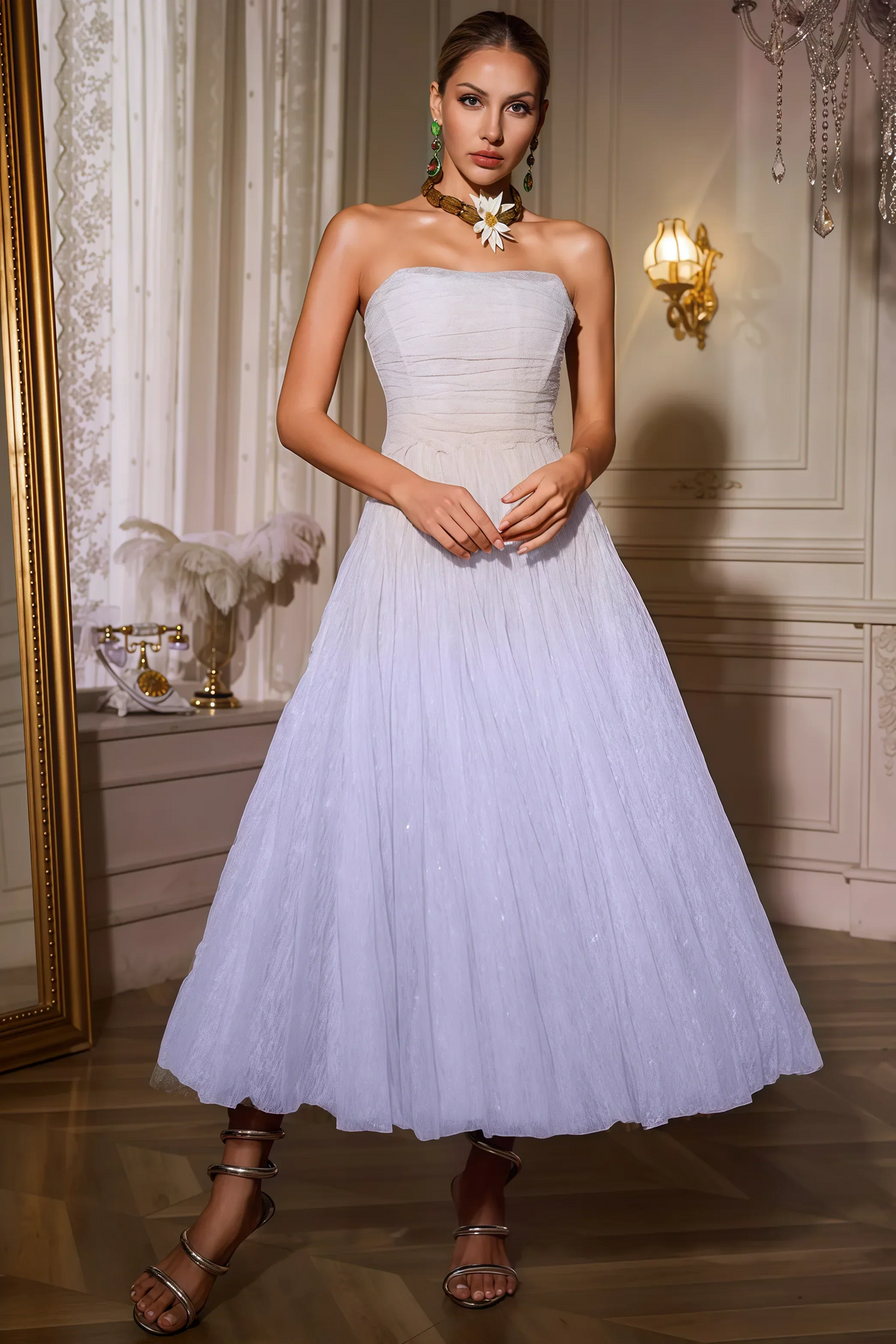 Strapless Ruched Bodice Glitter Mesh A-Line Midi Dress
