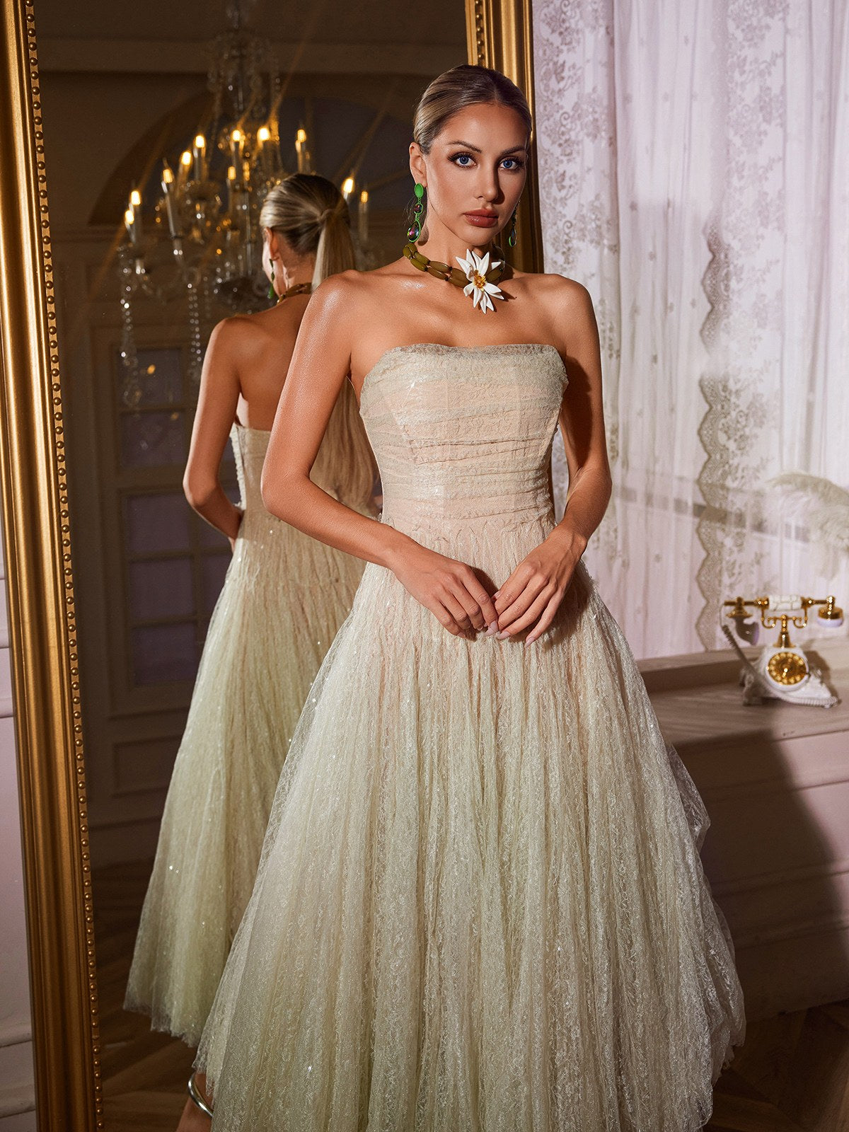 Strapless Ruched Mesh Midi Dress In Green - View 3