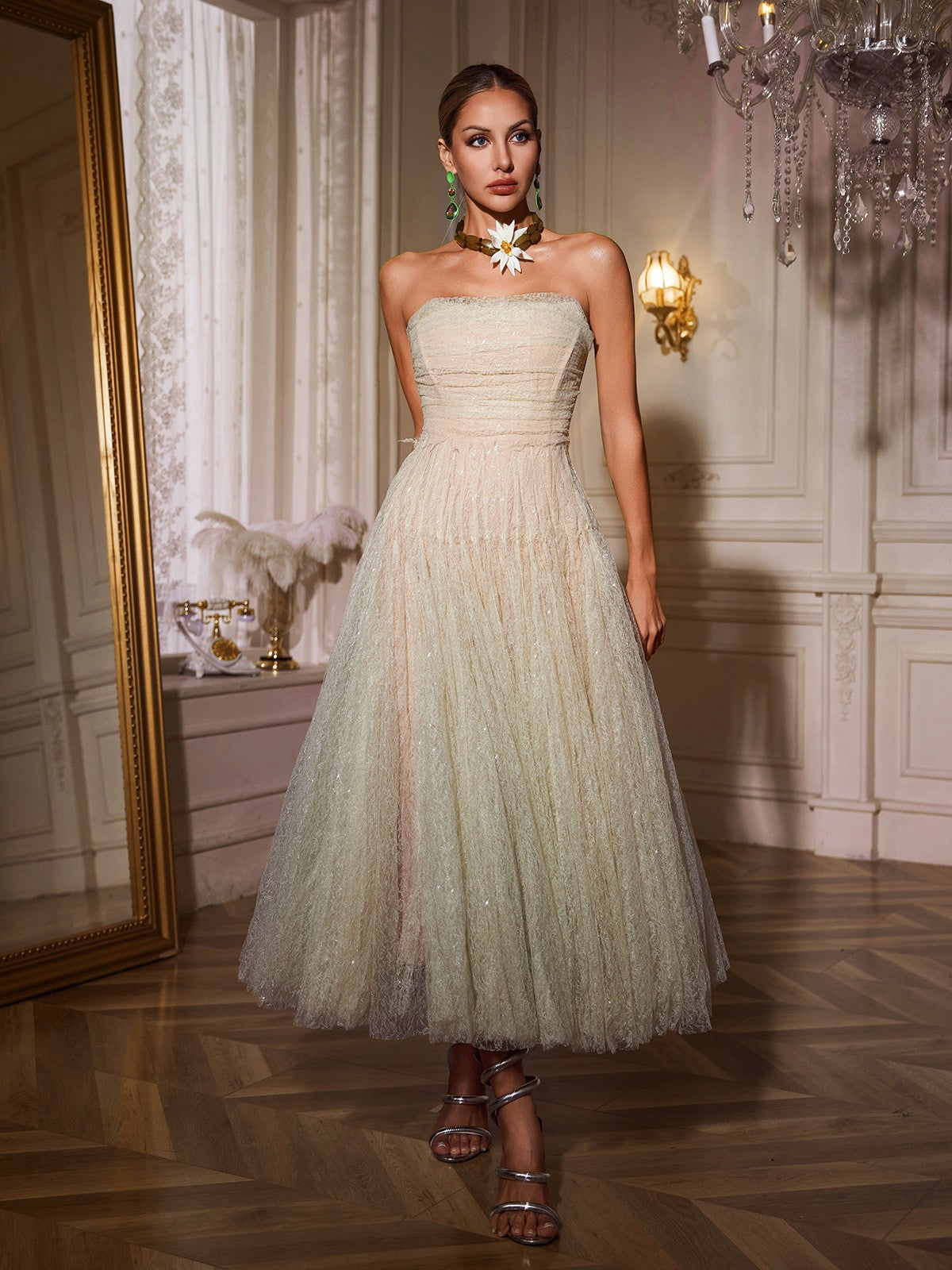 Strapless Ruched Mesh Midi Dress In Green - View 2