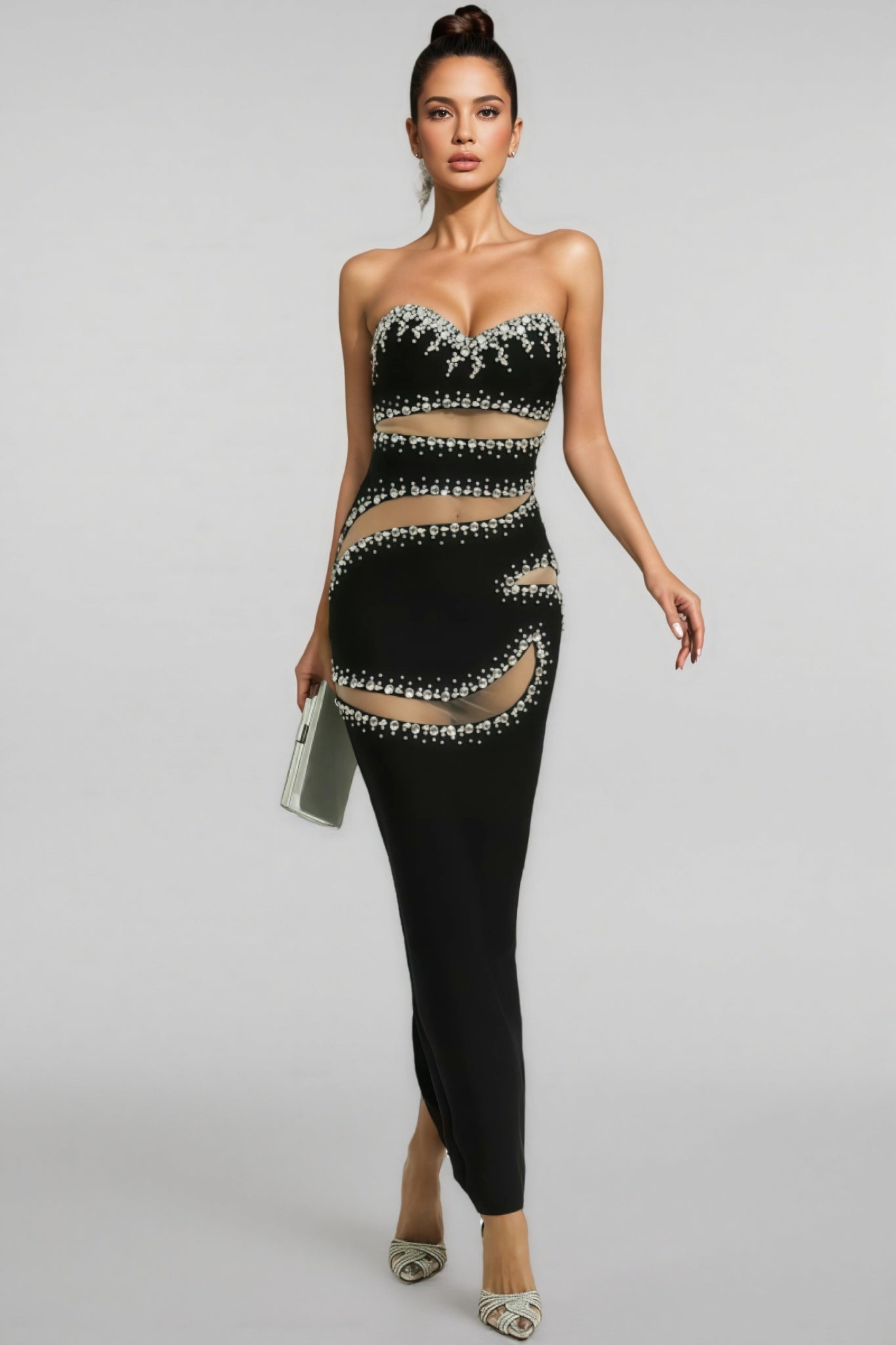 Elioed Black Beading Mesh Bandage Maxi Dress - View 5