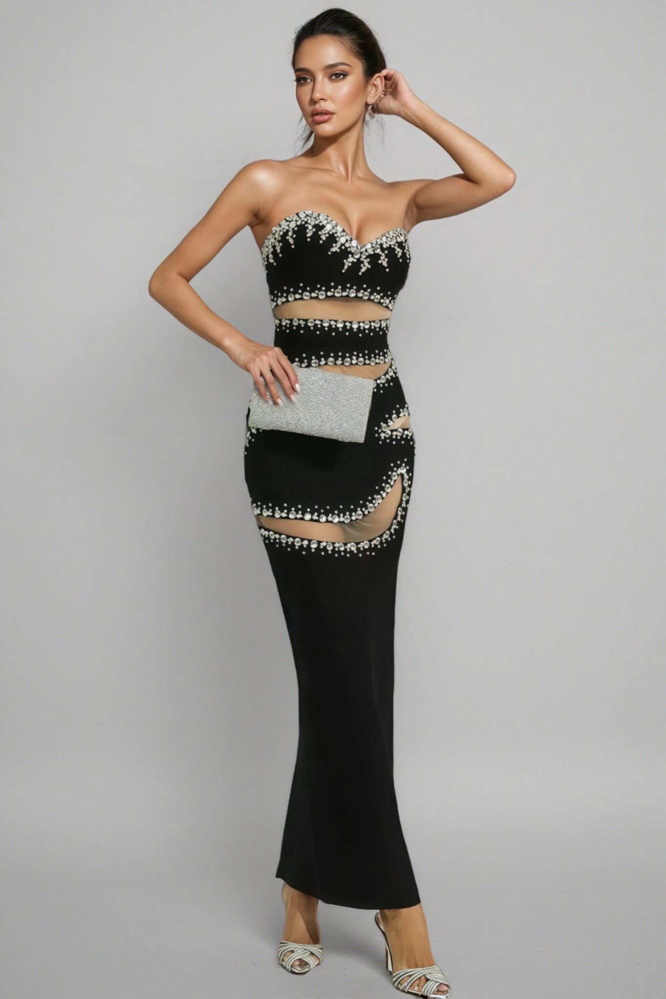 Elioed Black Beading Mesh Bandage Maxi Dress - View 4
