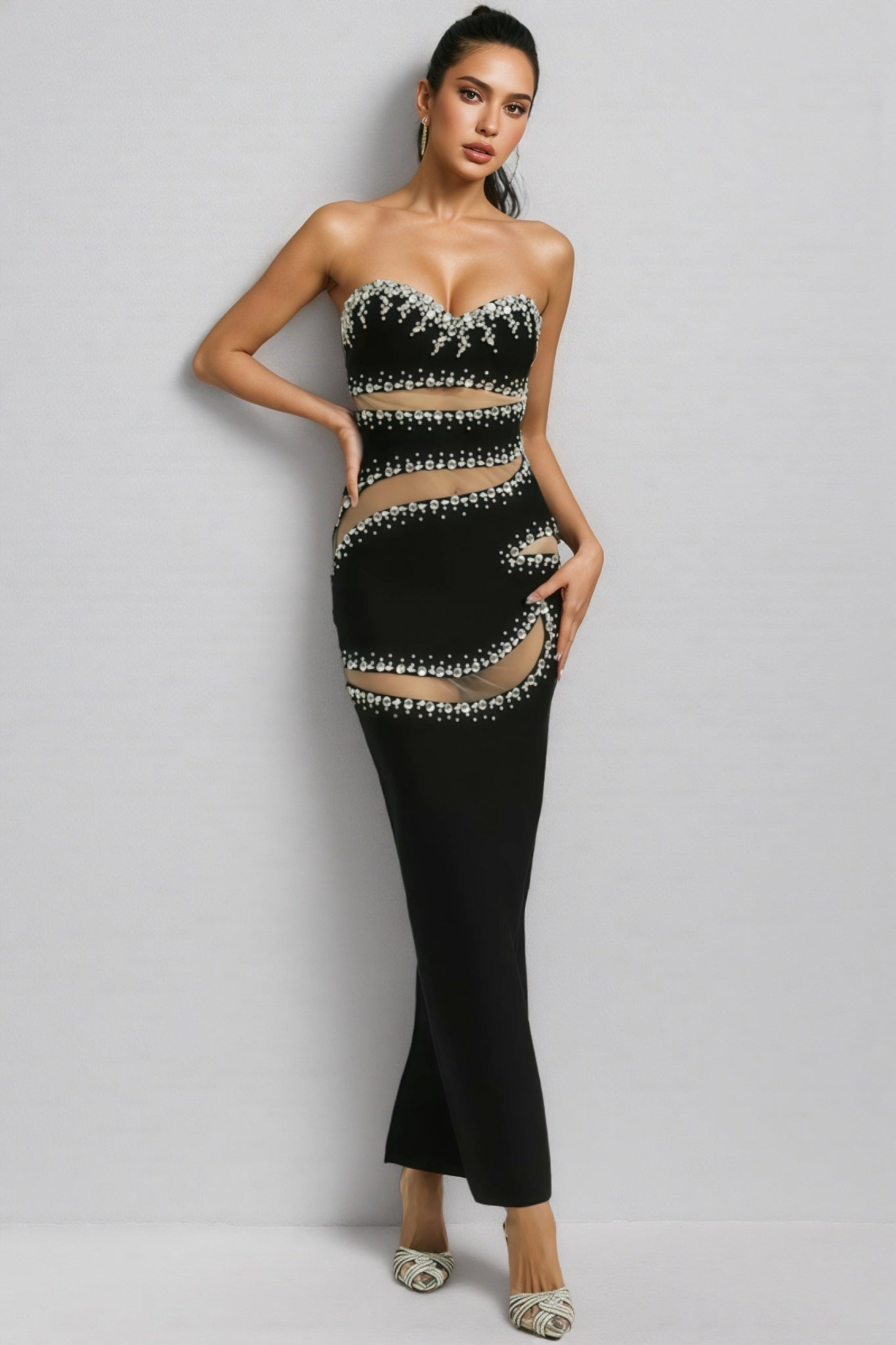 Elioed Black Beading Mesh Bandage Maxi Dress - View 3