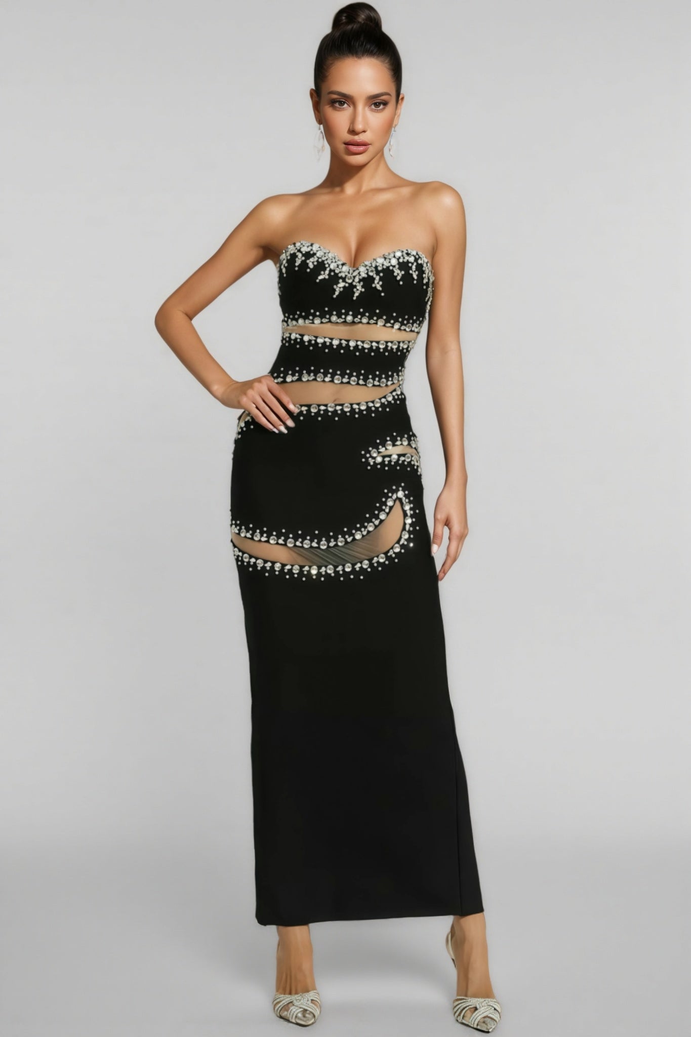 Elioed Black Beading Mesh Bandage Maxi Dress - View 2