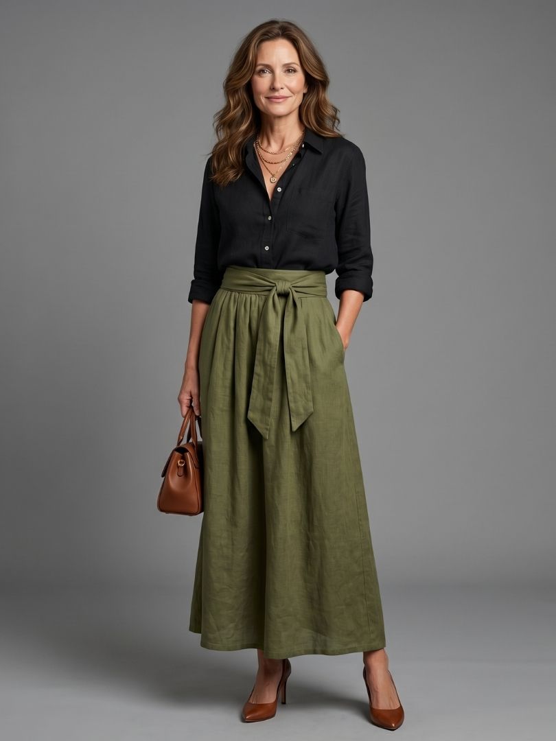 High Waist Tie Front Flared Maxi Skirt