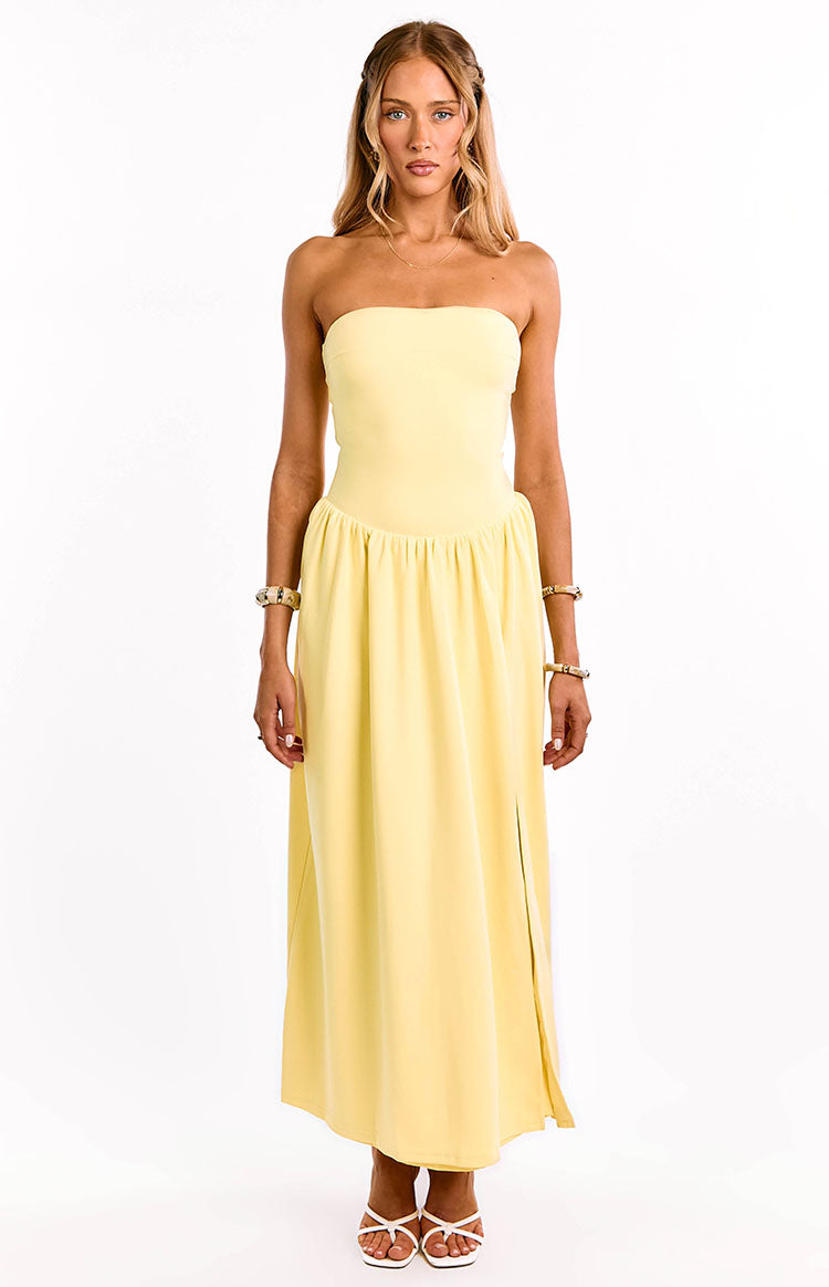 Strapless Fitted Bodice Drop Waist Side Split Maxi Dress