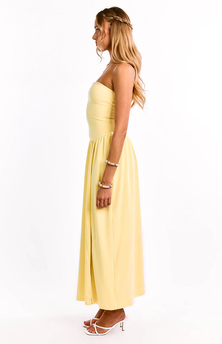 Strapless Fitted Bodice Drop Waist Side Split Maxi Dress 3