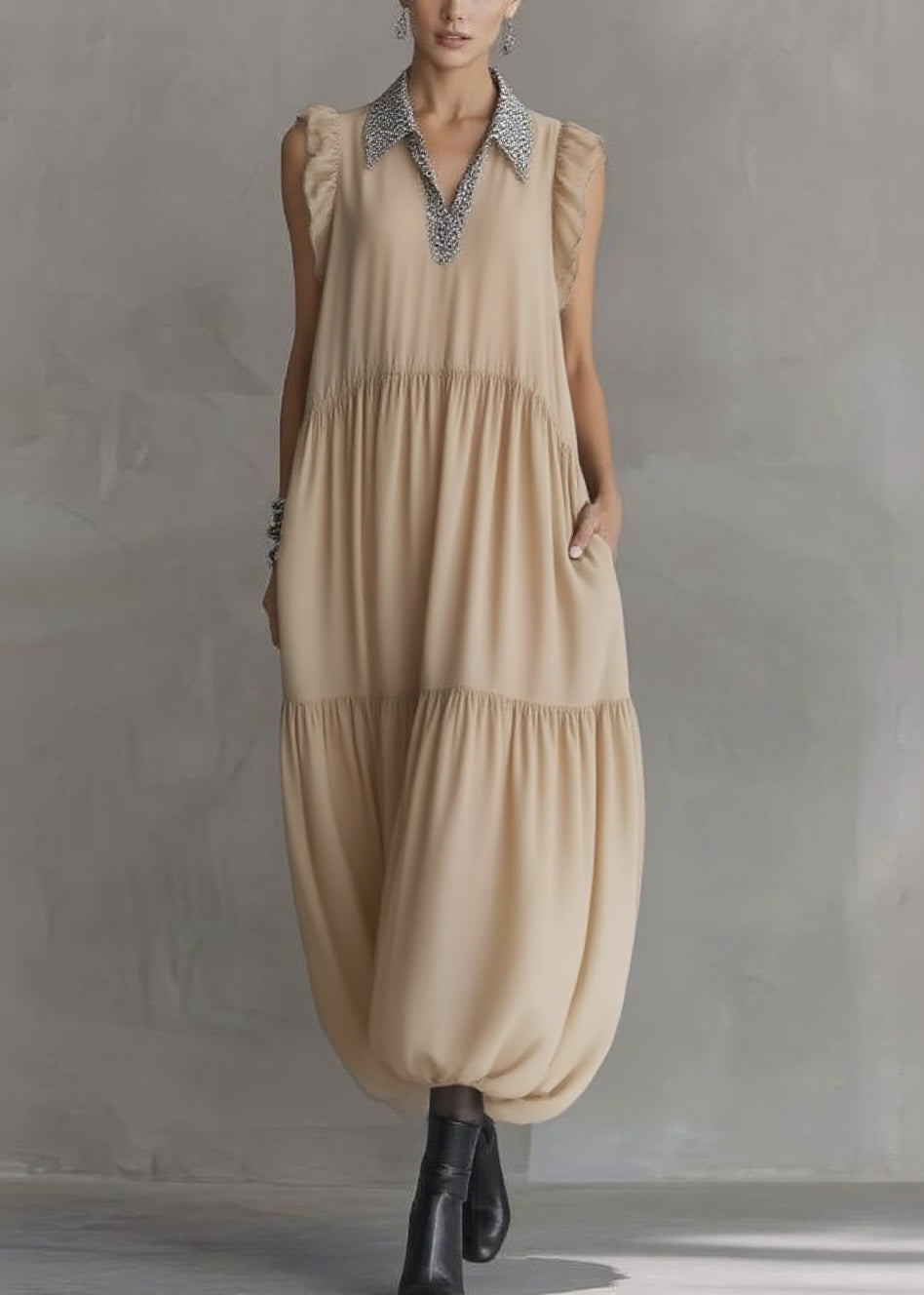 Natural Apricot Peter Pan Collar Ruffled Wrinkled Chiffon Maxi Dresses Summer 5