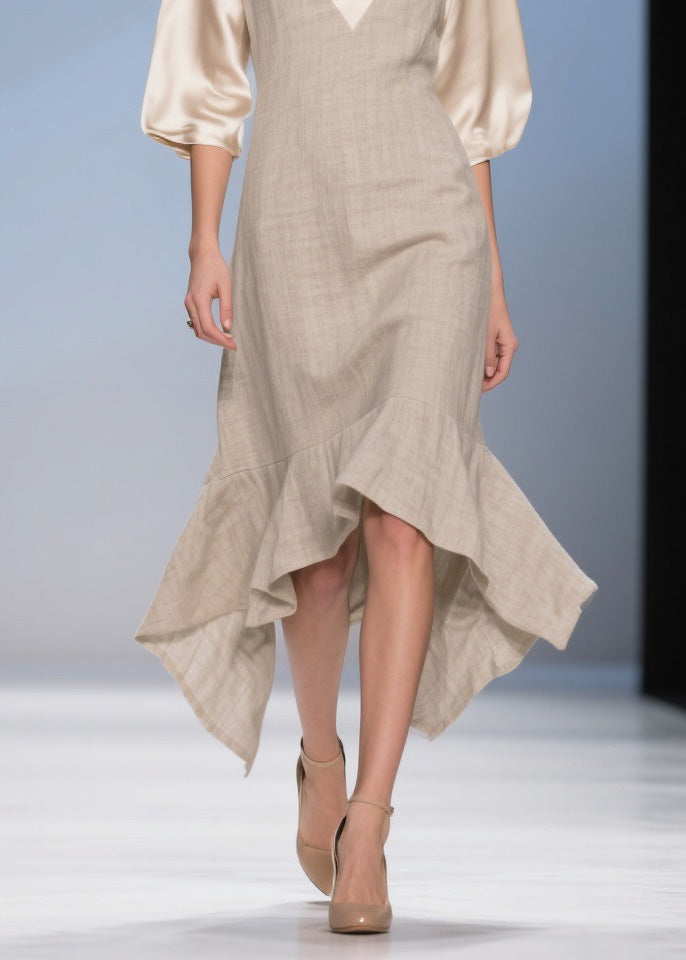 Deep V-Neck Puff Sleeve Satin Contrast Woven A-Line High Low Midi Dress