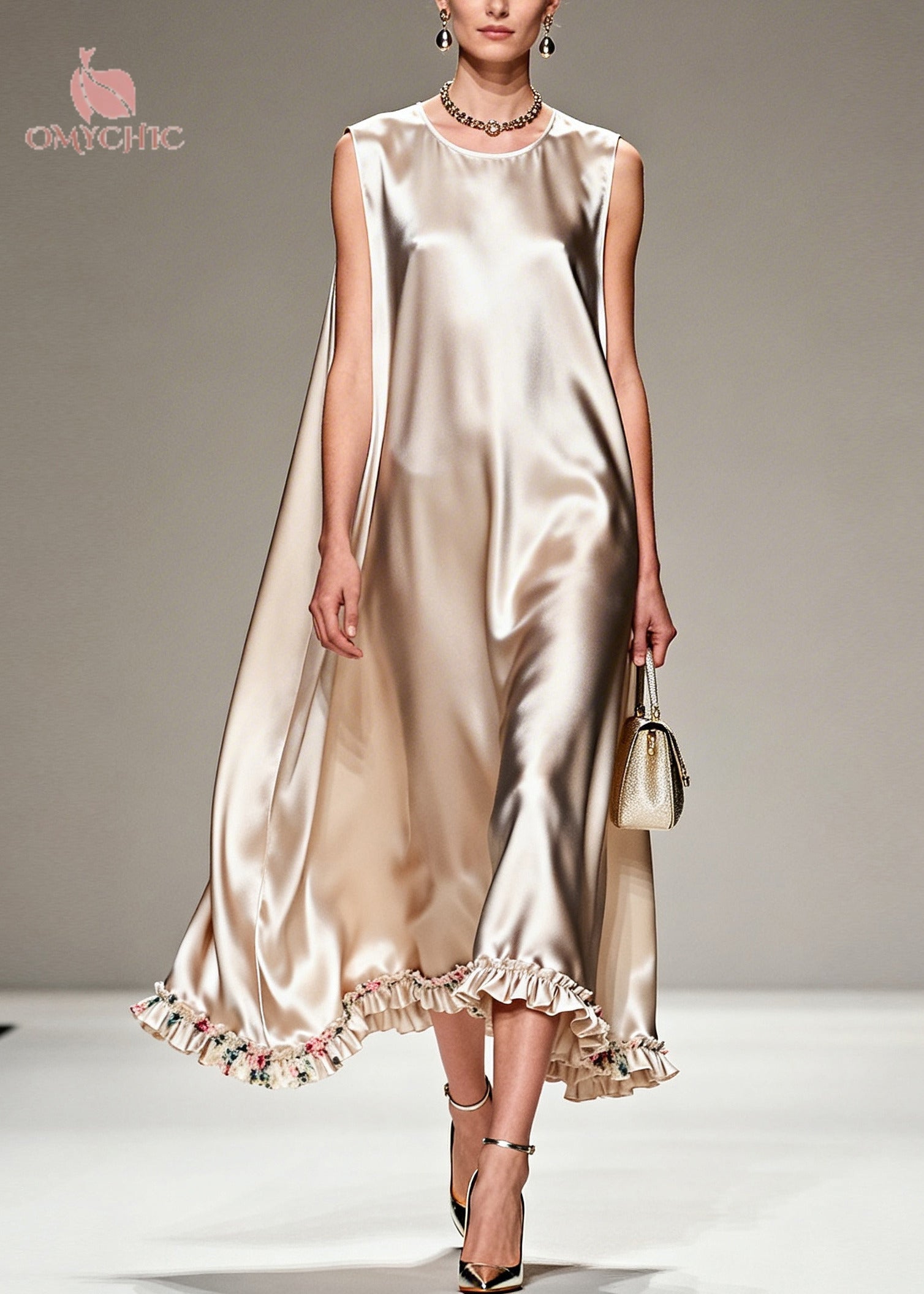 Satin Sleeveless Cape Back Floral Ruffle Hem Midi Dress