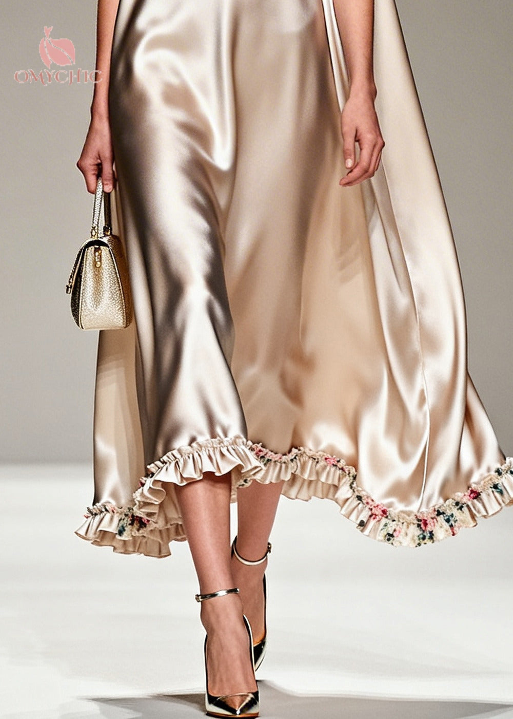 Satin Sleeveless Cape Back Floral Ruffle Hem Midi Dress