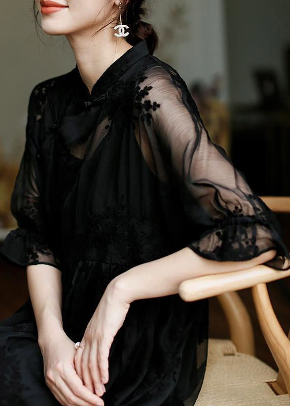 Floral Embroidered Mandarin Collar Sheer Organza Ruffle Cuff Sleeve Midi Dress