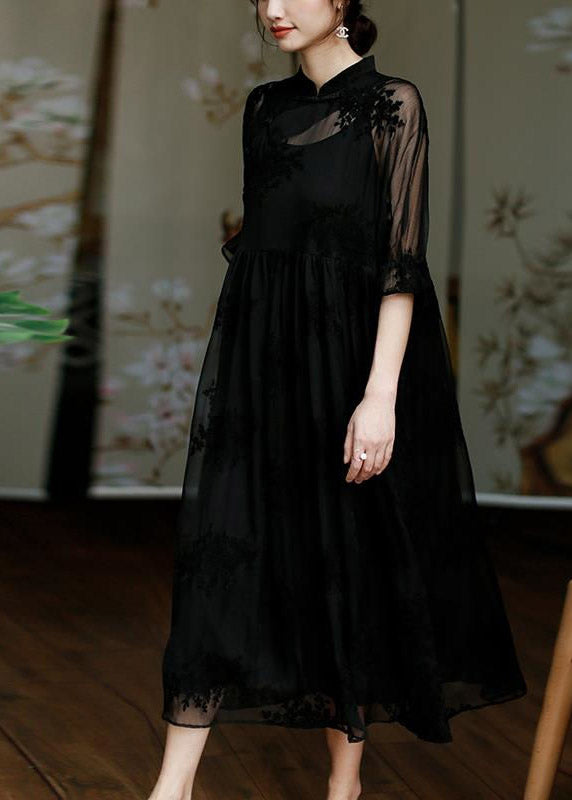Floral Embroidered Mandarin Collar Sheer Organza Ruffle Cuff Sleeve Midi Dress